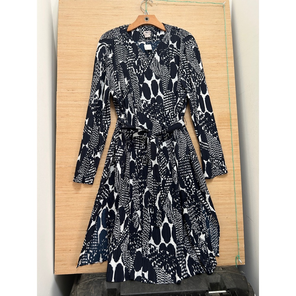 Chicos Travelers Navy White Abstract Dot Pleated Wrap Midi Dress Size 3 XL 16/18